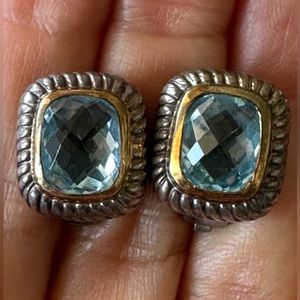 18K/925 Cushion Cut Blue Topaz Ribbed Earrings